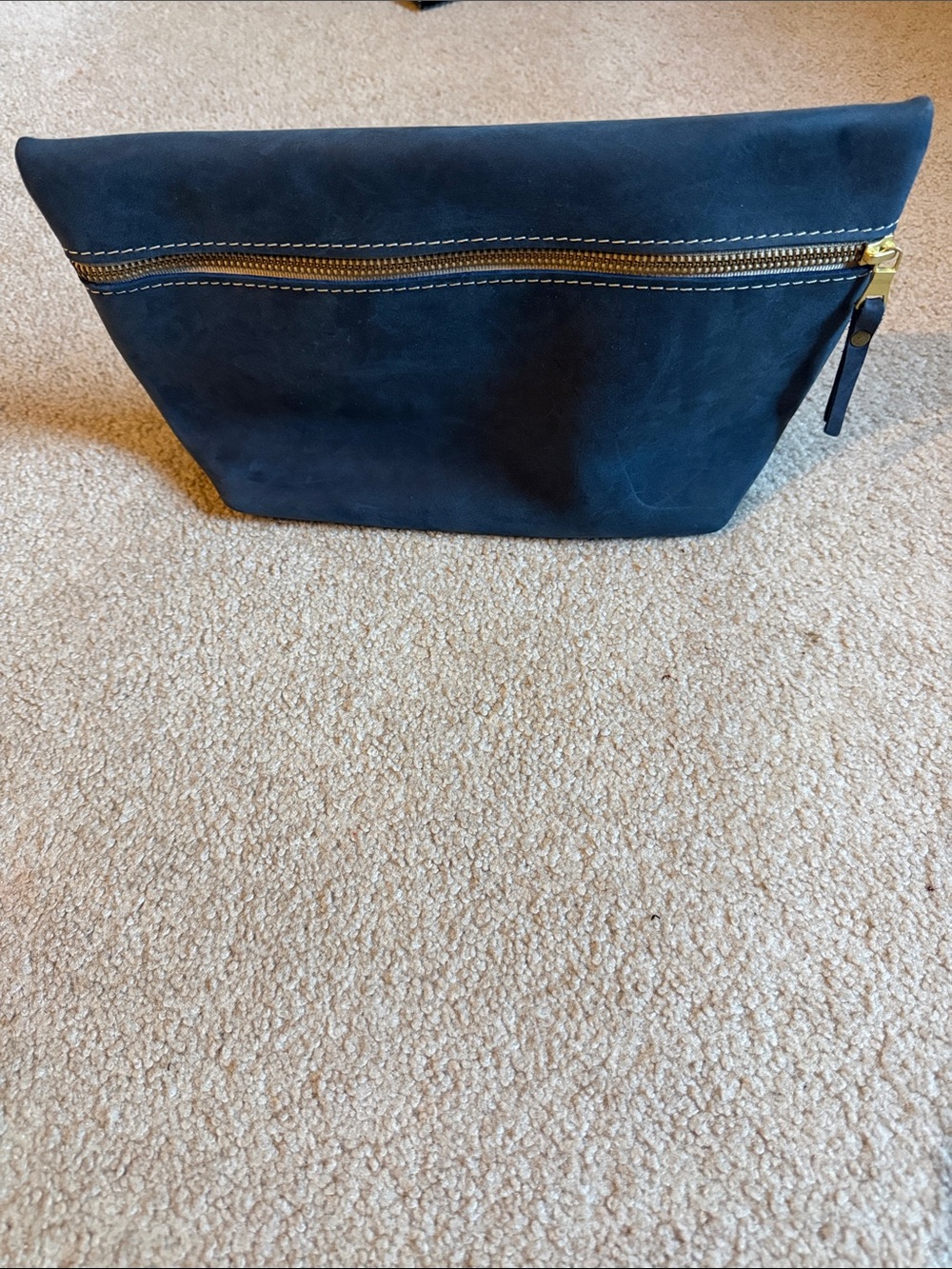 Portland Leather Navy Suede Zip Cosmetic Pouch with Gold Zipper
